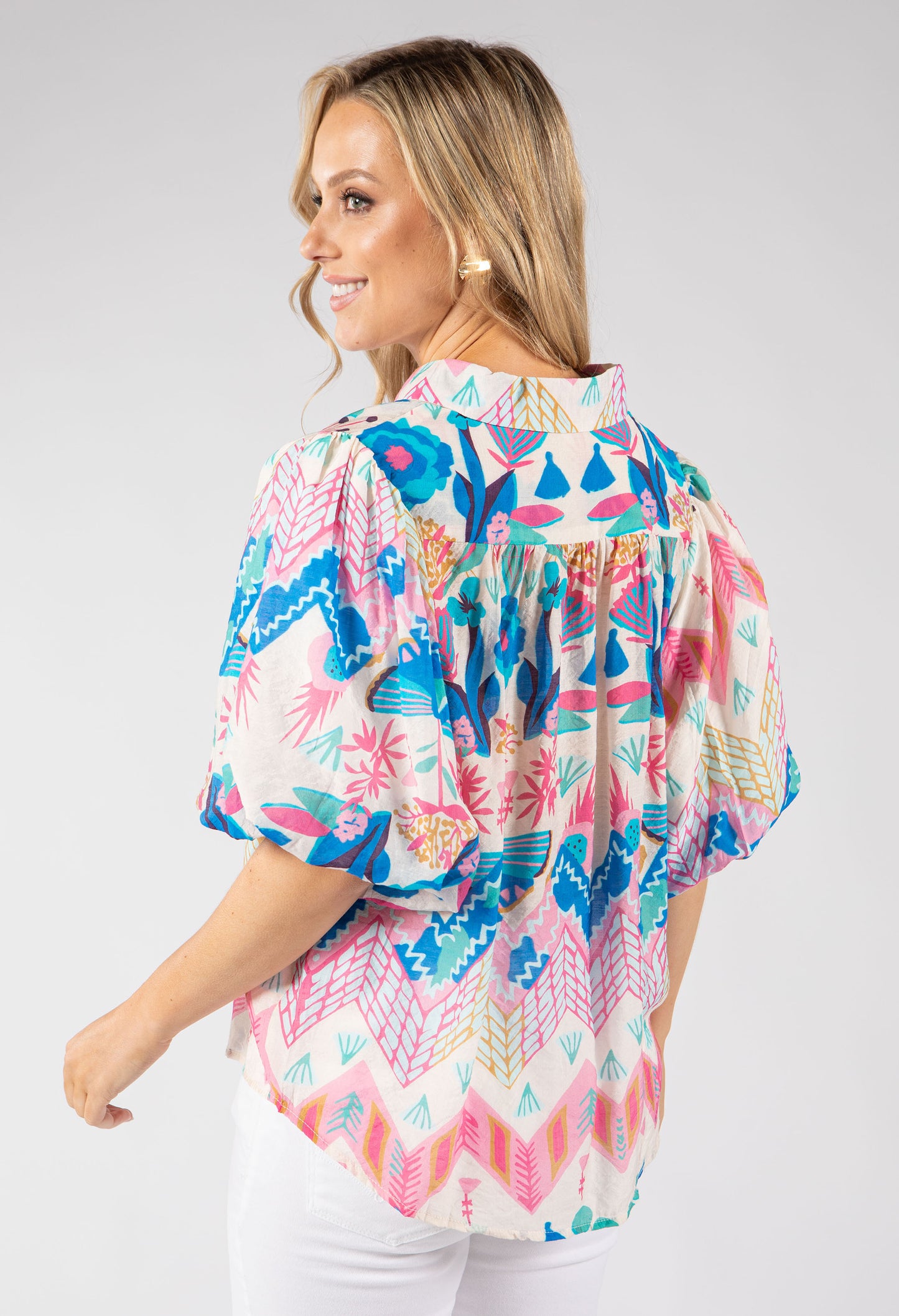 Puff Sleeve Tropical Abstract Print Blouse
