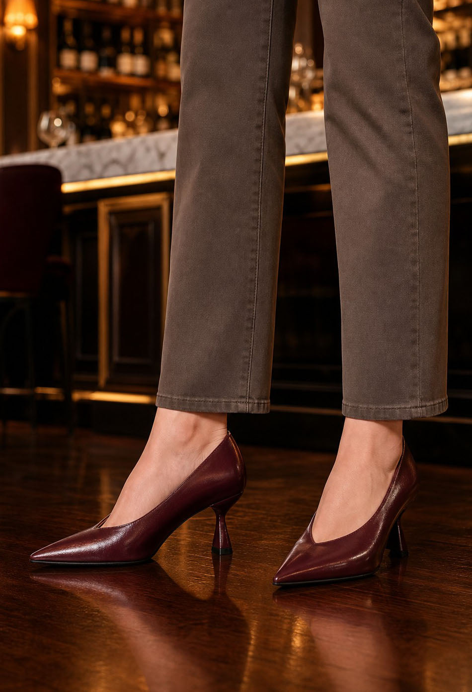 wine coloured curved kitten high heels