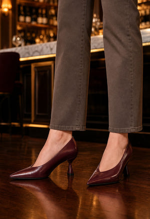 wine coloured curved kitten high heels