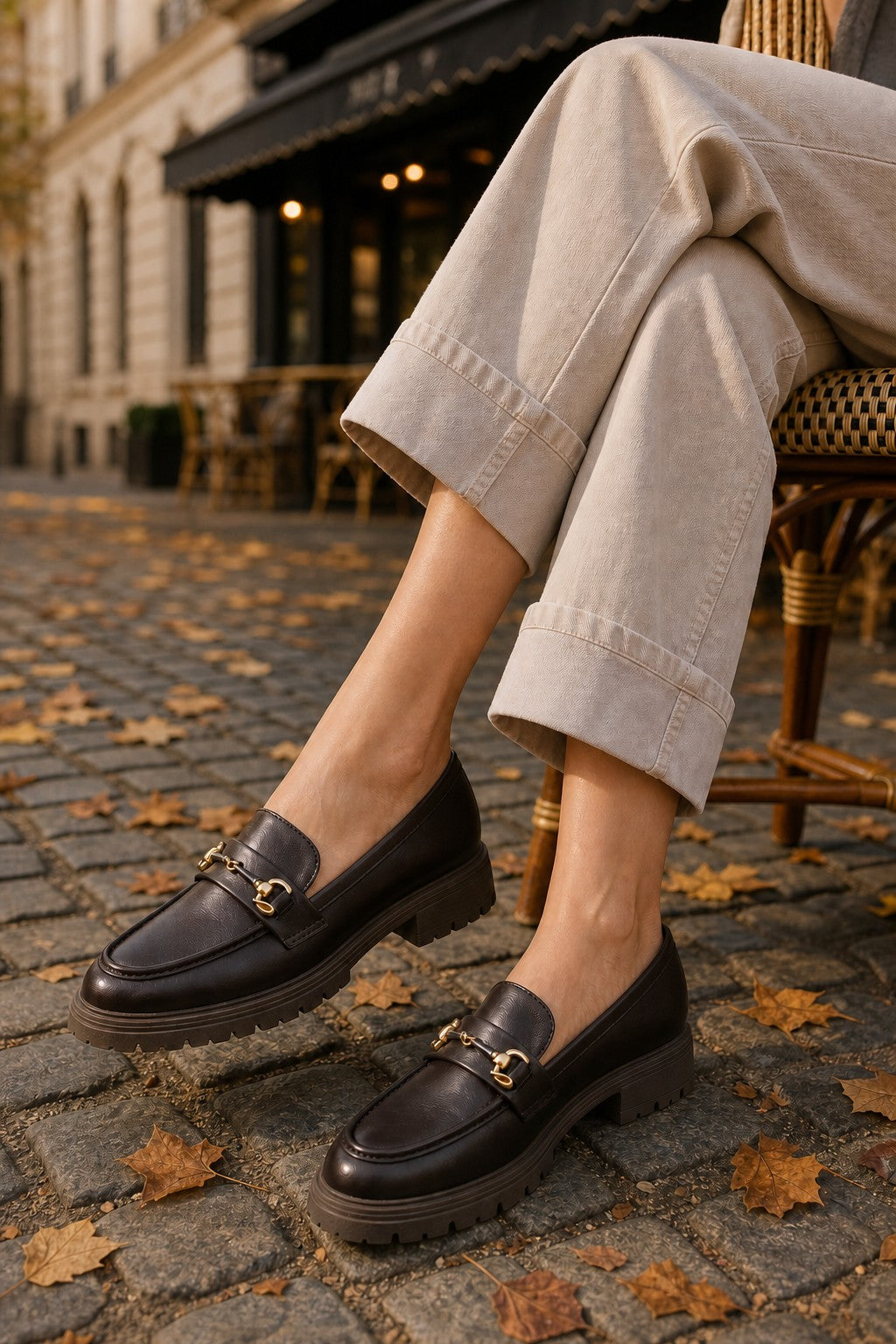 A person seated on a chair outdoors wearing black leather loafers with gold-tone horsebit detailing, paired with light beige cuffed trousers. The scene is set on a cobblestone street with scattered autumn leaves and a blurred cafe facade in the background.