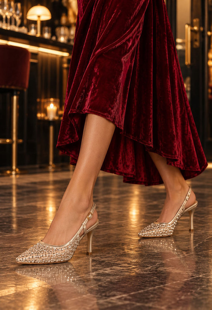 gold diamante sling back heel