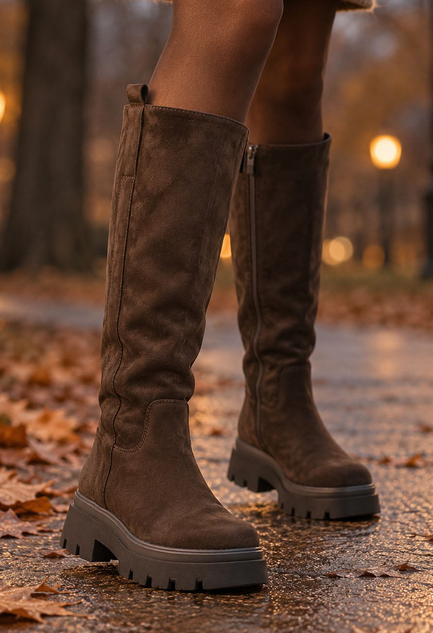 A pair of knee-high brown suede boots with chunky lug soles, worn on a person's legs in an outdoor autumn setting with fallen leaves and warm bokeh lights in the background.