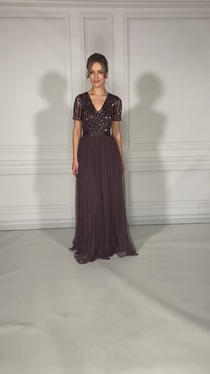 Dark Purple V Neck Sequin and Tulle Dress with Tie Waist