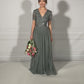 MISTY GREEN V NECK SEQUIN AND TULLE DRESS WITH TIE WAIST