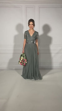 MISTY GREEN V NECK SEQUIN AND TULLE DRESS WITH TIE WAIST
