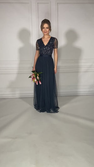 NAVY V NECK SEQUIN AND TULLE DRESS WITH TIE WAIST