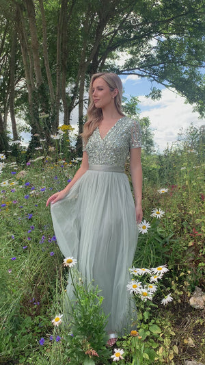 SAGE V NECK SEQUIN AND TULLE DRESS WITH TIE WAIST