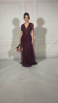 Berry V NECK SEQUIN AND TULLE DRESS WITH TIE WAIST