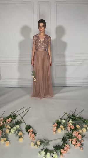 Blush V Neck Sequin and Tulle Dress with Tie Waist