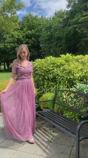 Lotus Pink V NECK SEQUIN AND TULLE DRESS WITH TIE WAIST