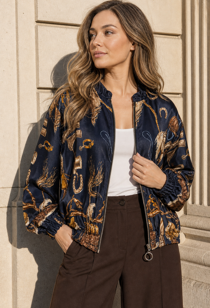 Horse Print Satin Bomber Jacket