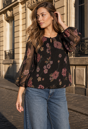 Plisse Pleated Floral Print Blouse