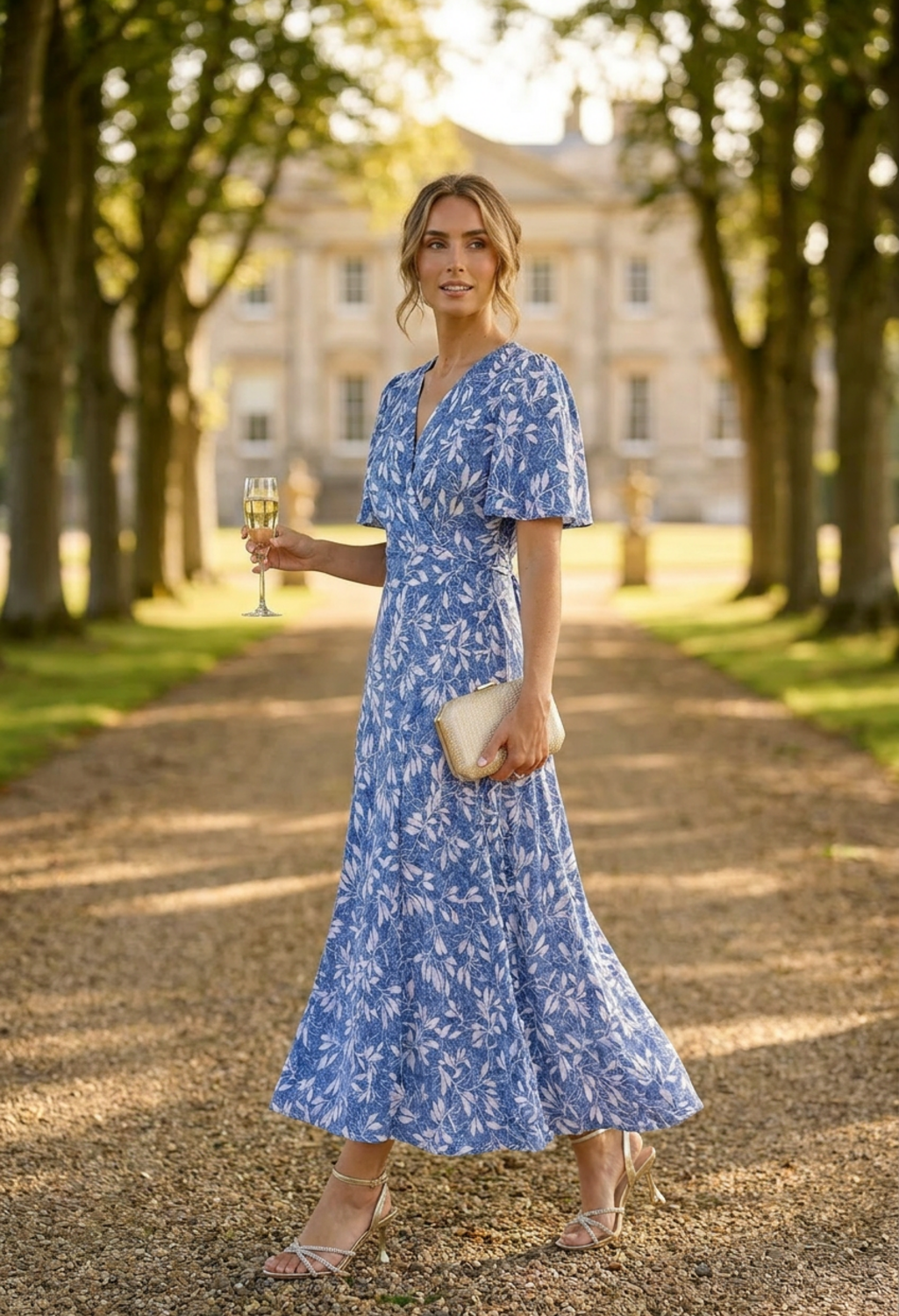 Sunny Leaf Print Wrap Midi Dress