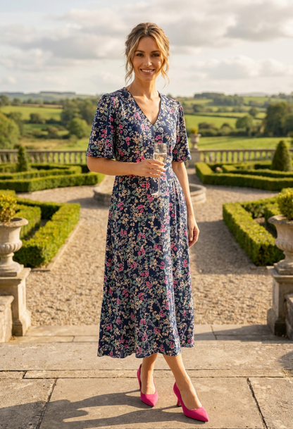 Pretty Floral Print V-Neck Midi Dress